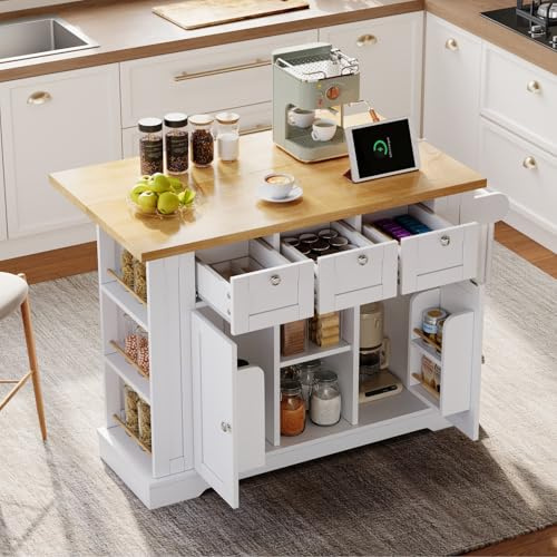 PUGSDRLY îlot de Cuisine avec Plateau de Table Pliable,Buffet Meuble,Desserte de Cuisine à roulettes,3 Tiroirs et 2 Portes,Prise intégrée,Porte-Serviettes (Blanc-G)
