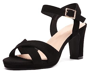 DREAM PAIRS Women’s Open Toe Ankle Strap Sparkly Strappy Chunky Heel Pump Heels ICE-1,Size 7,Black/Suede,ICE-1