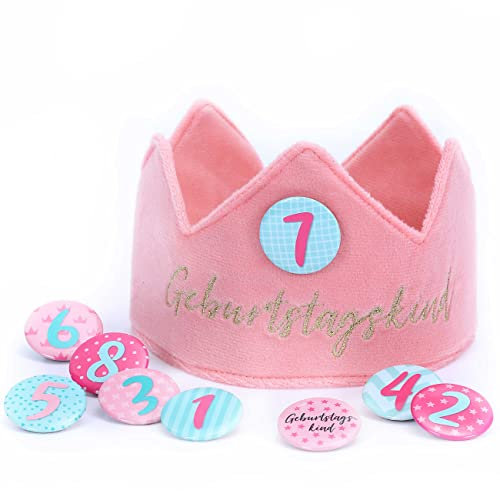 Papierdrachen Geburtstagskrone Samt mit Zahlen - Rosa - für den Kindergeburtstag - Krone aus Samtstoff mit Button Zahlen von 1-8 | Party Deko Hut für Jungen & Mädchen - Set 1