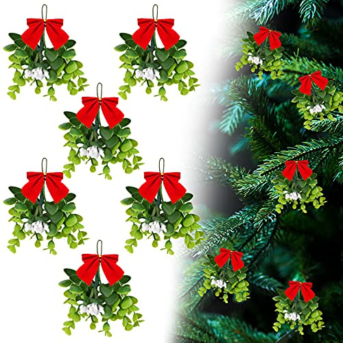 Christmas Mistletoe Ornaments Bouquet Artificial Mistletoe Branches Decor Floral Pick Hanging Decorative for Home Christmas Handmade Party Decorations (6 Pieces)