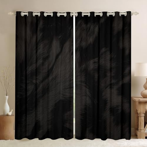 Feelyou Cow Leather Curtains for Bedroom Black Cowhide Fur Darkening Curtains Women Men Natural Fluffy Cow Skin Blackout Curtains(30%-50%) Farm Animal Hair Decor Window Drapes(2 Panels, 42 x 84 Inch)