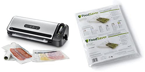 FoodSaver FFS017X - Envasadora al Vacío Con Cutter Incorporado, Funciones Solo Sellado, Húmedo/Seco y Marinar + Bolsas Reutilizables Precortadas Sin BPA