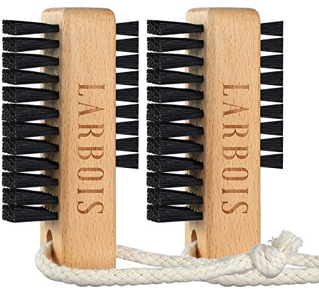 Larbois Cepillo de uñas para limpiar las uñas, paquete de 2 cepillos de madera para limpiar las uñas, cepillo de dos caras con cuerda para colgar (madera de haya)