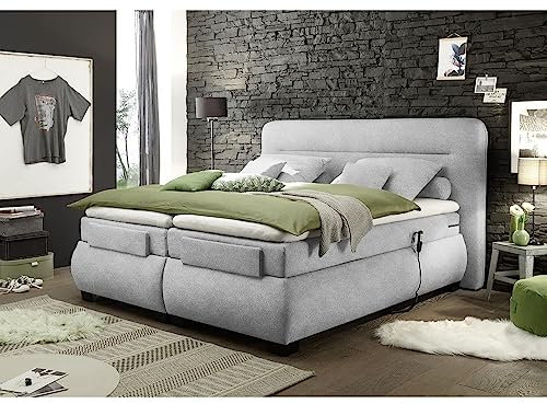 Lomadox Boxspringbett 180x200 cm mit elektrischer Verstellung | Doppelbett in Silber mit Härtegrad H2