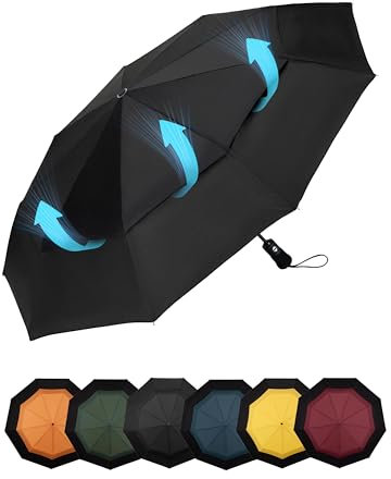 Chakipee Paraguas Plegable Antiviento Hombres - Paraguas Negro Resistente al Viento, Paraguas Automático Portátil Compacto de Viaje, Toldo con doble ventilación, Tejido 210T