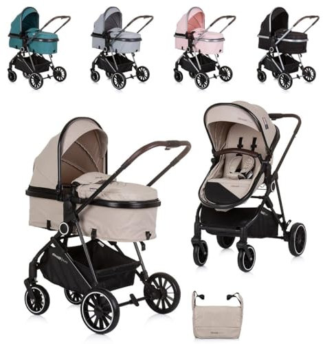 Chipolino Kinderwagen Aura 2 in 1 umbaubar Wickeltasche Sitz umkehrbar bis 22 kg, Farbe:beige