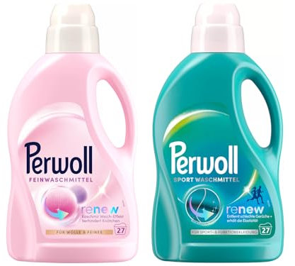 PERWOLL Flüssig-Set 2x 27 Waschladungen (54WL) 1x Für Wolle & Feines & 1x Sport, Feinwaschmittel glättet und erneuert Fasern & Hygiene Waschmittel reinigt sanft, entfernt schlechte Gerüche