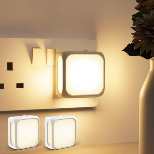 PURSNIC Night Light Plug in Wall, with Dusk to Dawn Photocell Sensor, 3000K Warm White, Brightness Adjustable, 1W LED Night Light for Kids, Bedroom, Hallway, Stairs, 2 Pack