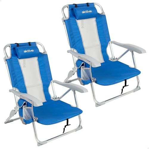 AKTIVE 2-pack hopfällbara strandstolar, 5 positioner, blå färg, 49 x 56 x 78 cm, inklusive stoppad kudde, sidoficka, handtag, max 110 kg, antirullstopp, multiposition, vilstolstöd