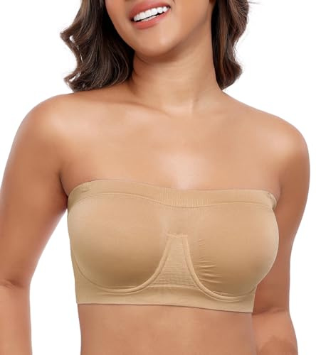 DotVol Women's Underwire Strapless Non Padded Multiway Bras Stretchy Tube Top Bandeau Bra(Beige,XXL)