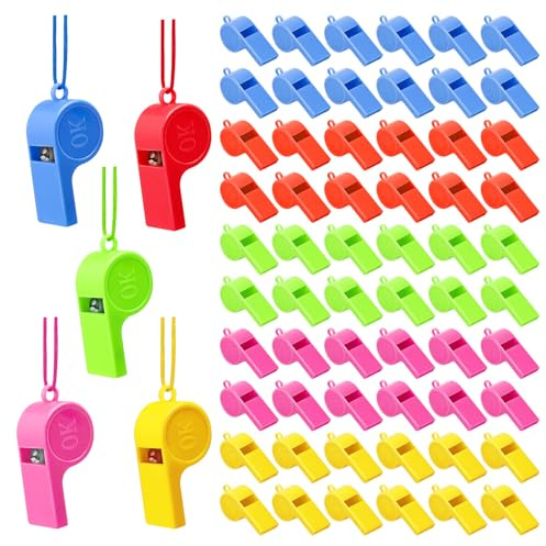 CYZBL 60Pcs Plastic Coach Whistles with Adjustable Lanyard, 5 Colours