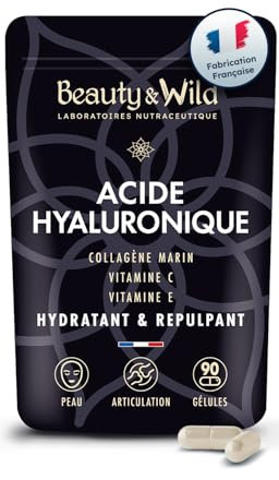 Acide Hyaluronique, Collagène Marin Naticol + Vitamine C + Vitamine E, complément alimentaire acide hyaluronique pour la peau et les articulations, 90 gélules pour 45 jours, Made in France