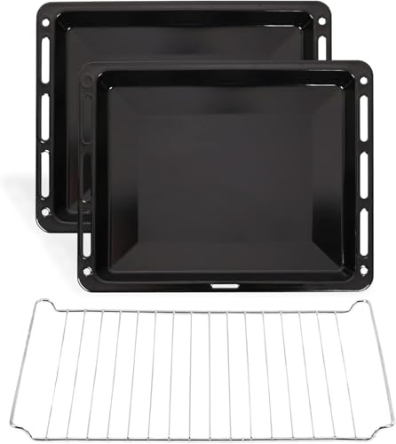 ICQN Backblech & Gitter Set 46 × 37 × 3 cm, Kompatibel mit Beko, Bosch, Grundig & Samsung, 2× Emaillierte Backbleche & Verchromtes Gitter