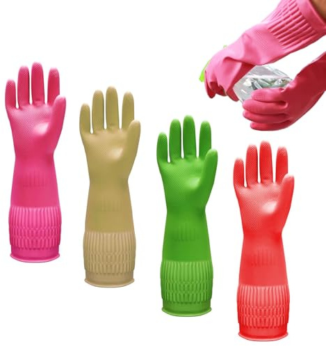 Vernerth Rubber Gloves Medium – 4 Pairs Durable Heavy Duty Washing Up Gloves, Extra-Long Waterproof Cleaning Gloves with Anti-Slip Grip, Soft Lining for Dishwashing, Gardening, Car Wash & More
