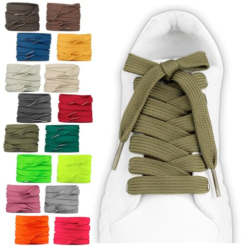 SULPO 2 paia di lacci piatti – 12 mm di larghezza per scarpe – 60 – 200 cm – lavabile e resistente agli strappi poliestere – 18 colori, verde oliva, 120cm - 2 Paare