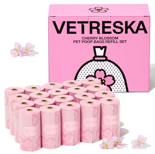 VETRESKA Dog Poo Bags 300 Count - 20 Cherry Blossom Scented Refill Rolls | Leak Proof Pet Waste Bags for Large Dogs, Puppy & Cat Litter, Strong Dog Poop Bags, Pink