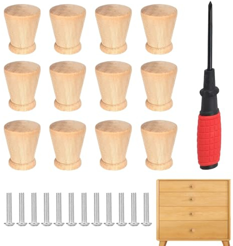 LuxStellar 12 pomos para muebles de madera, elegantes tiradores de madera para cómoda, pomos redondos de madera, pomos de armario con tornillos para muebles, pomos de madera para cómoda