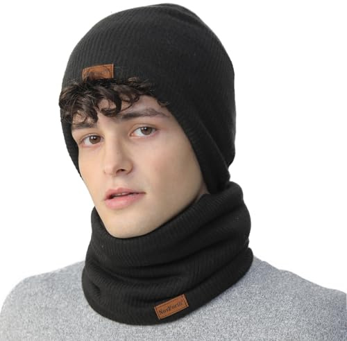 NovForth Ensemble bonnet et cache-cou - Bonnet tricoté et écharpe tubulaire avec polaire - Bonnet d'hiver en laine pour femme, homme, adolescent - Cache-cou pour le ski, le cyclisme, la course, les