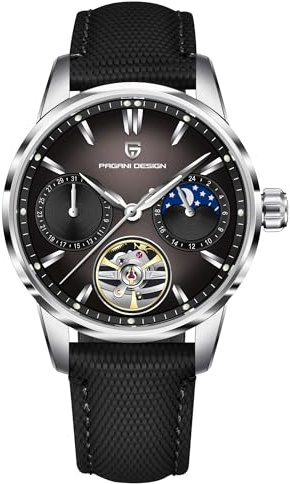 TYBERLEY Pagani Design Luxury Men's Automatic Watch Skeleton Tourbillon Moon Phase Stainless Steel 100m Waterproof Leather Strap Men's Mechanical Watch, Silver Black, Classic