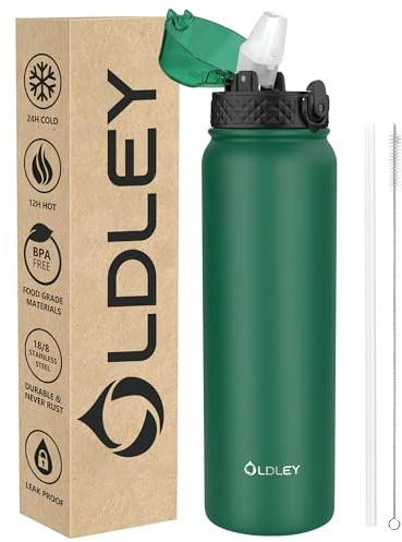 OLDLEY Stainless Steel Water Bottle with Straw 1L Vaccum Insulated Large Drink Flask Metal Water Bottles 1 Litre Leakproof Keep Drinks Hot Cold for Sports Gym Travel Women Men (Mountain Green, 1 Lid)
