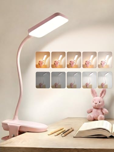 ReinHoo Pink Lamp for Girls Bedroom,9 Brightness+5 Color Clip on Light,4000mAh Battery Rechargeable Desk Lamp Cute Lamp for Kids Room,Cordless Clip on Reading Light for Bed/Headboard/Bedside Table