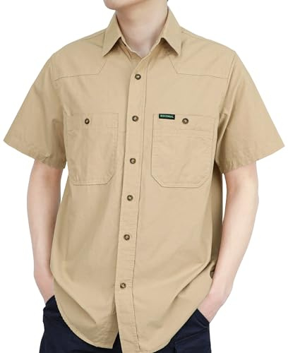 BOCOMAL Men's Short Sleeve Button Down Work Shirts Summer Relaxed Fit - Lightweight 100% C Chambray, EX-Soft, Utility Pockets