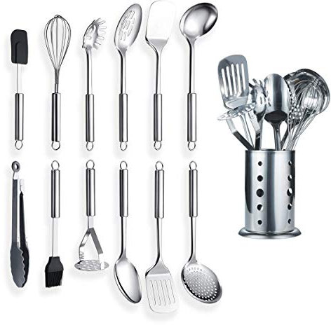 Berglander Stainless Steel Kitchen Utensil 12 Piece With 1 Stand, Cooking Spoon, Kitchen Tools Cooking Utensil With Holder. (13 Pieces)