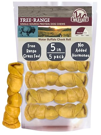 Wild Eats Water Buffalo Retriever Style Cheek Roll Dog Chews - 5 Pack (Long Lasting Chews, Treats, Bones for Aggressive Chewers & Large Dogs) Great Substitute Pig Ears Dogs
