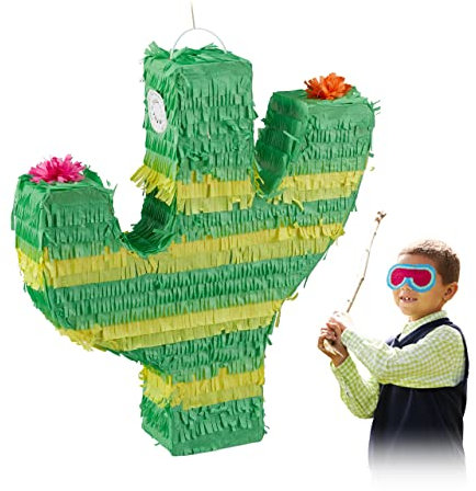 Relaxdays 10031479 Pinata Kaktus, zum Aufhängen, Kinder, Jungen & Mädchen, Geburtstag, zum Befüllen, Kaktuspinata, grün/gelb