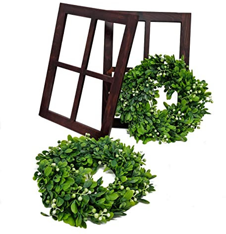 Spetebo 2er Set Deko Holz Fensterrahmen inkl. künstliche Mistelkränze - walnuss - Holzrahmen und Türkranz zum Hängen und Gestalten - Bilder Wand Fenster Rahmen Tür Tisch Mistel Grün Kranz künstlich