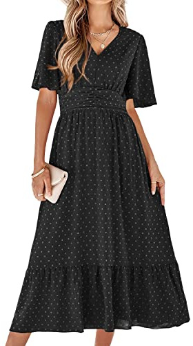 BebreezChic sommarklänning dam lång boho elegant kortärmad V-ringad hög midja swiss prick rynkade blommor strandklänning maxiklänning