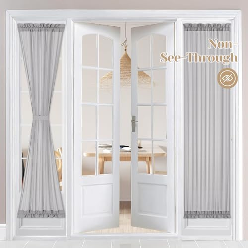 HOMEIDEAS Non-See-Through French Door Curtains Set of 2 for Front Door, Light Filtering Privacy Semi Sheer Window Curtains with Rod Pocket and Tie Back, Light Grey, 26W X 72L Inch