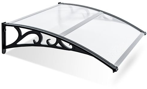 Jopassy Auvent pour Porte d'entrée 120 x 100 CM, Toit de Porte d'entrée en Aluminium et Polycarbonate, Porte d'entrée Trapézoïdale, Auvent en Tôle Trapézoïdale, Protection Contre la Pluie, Balcon
