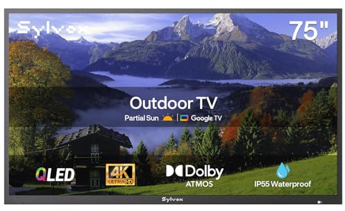 SYLVOX Outdoor Fernseher, 75 Zoll Smart QLED TV, Wetterfest Outdoor TV Support Google Assistant, 4K UHD, Dolby Atmos, IP55 Wasserdicht, 1000 Nits Helligkeit TVS für Terrasse, Garten, Gastronomie