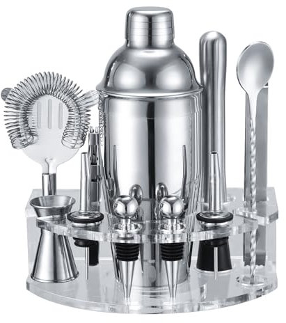 Set Shaker Cocktail con Supporto, Kit Cocktail in Acciaio INOX con 12 pezzi di accessori da bar, 750ML Dosatore Cocktail Set per Home Bar Party Wedding, Kit Barman Regali per Papà uomini (Argento)