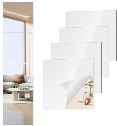 20 x 20 cm akryl flexibla spegelblad, 4-pack självhäftande spegel kakel kvadrat skärbar spegel väggklistermärken, ej glas spegel klistermärken säkerhet reflekterande spegel för gör-det-själv hantverk