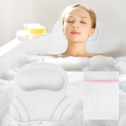 flintronic Cuscino da Bagno, Cuscino Vasca da Bagno 4D Mesh, con 6 Ventose Antiscivolo, Può Supportare La Testa, Il Collo, La Schiena, 40 * 38cm, Bianco