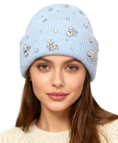 BOLLEY JOSS Womens Winter Beanies Sparkle Crystal Rhinestone Knitted Beanie Hats Shiny Bling Skull Ski Cap, Light Blue, One Size