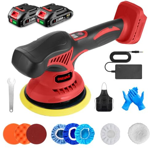 ONEVAN polisseuse voiture sans fil, 20V 150mm polisseuse orbitale a batterie, 8 vitesses, orbite aléatoire 9 mm, écran LCD, lustreuse polisseuse voiture (Rouge, avec 2 batteries)