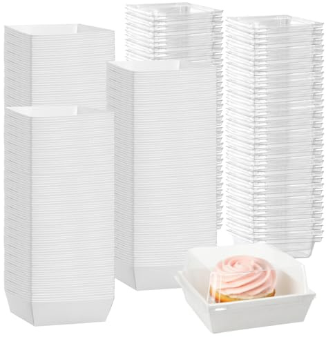 CHEUKYIU 100 cajas de 12 x 12 x 6 cm, color blanco, con tapa, caja para cupcakes, cajas de papel para pastelería, cajas de transporte para postres, magdalenas y tartas