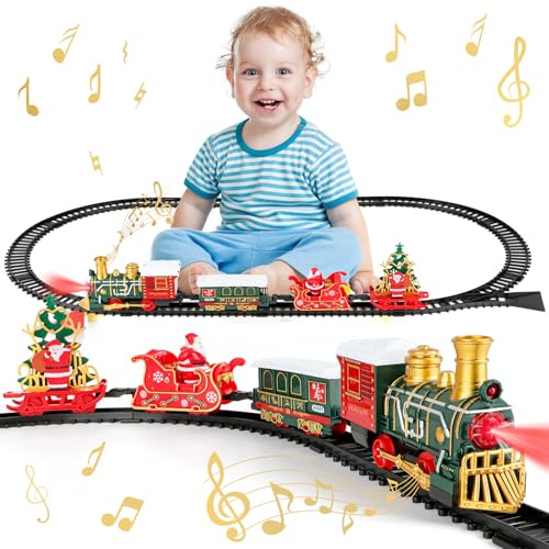 deAO Elektrische Zug Spielzeug, Weihnachtszug mit Licht & Sound, Eisenbahn Schienen Zug Set Batterielok, Eisenbahn Spielset mit Zuggleis und 4 Zugwaggons, Weihnachten Geschenk für Kinder