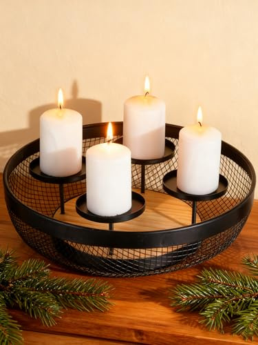 Romadedi Corona dell'Avvento, in legno, design moderno, decorazione dell'Avvento, in metallo, colore nero, per l'Avvento, per candele, per l'Avvento, per decorazione da tavolo, decorazione natalizia