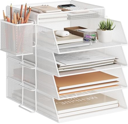 Bandeja apilable de 4 Niveles para Oficina, Organizador de Papeles para Escritorio, bandejas para Archivos, Accesorios para Escritorio de Oficina con Soporte para bolígrafos - Blanc