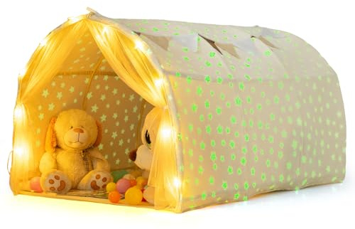 COSTWAY Tente de Lit Enfant avec Étoiles Phosphorescentes | Guirlande Lumineuse, Fanions & Doubles Rideaux en Filet, Tente de Jeux Enfant pour Garçons Filles de 3+ Ans, 137x101x82cm