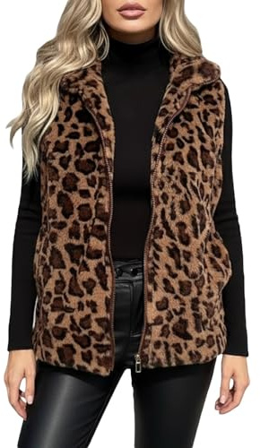 Generisch Gilet polaire léopard pour femme - Fausse fourrure - Gilet sans manches avec fermeture éclair - Élégant - Ouvert à l'avant - Manteau d'automne tendance - Doux - Imprimé léopard - Veste