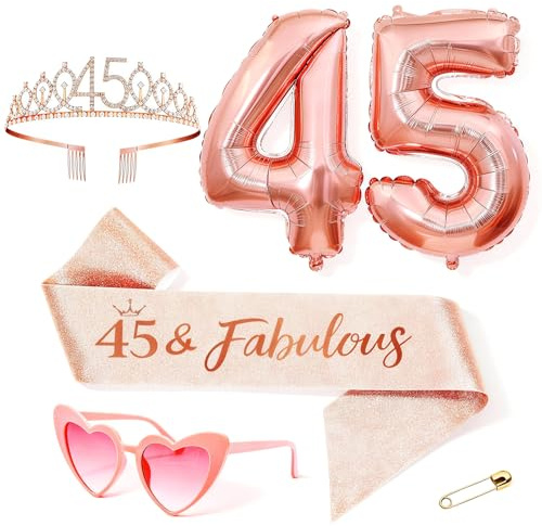 Anruzon Decorazione per 45° compleanno, corona e fascia, occhiali a forma di cuore, palloncini oro rosa, regalo per donne 45 anni, festa di compleanno