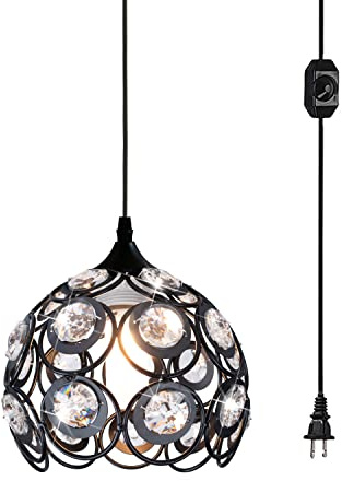 TISLYCO Black Plug in Chandelier, Crystal Hanging Lights with Plug in Cord 13.12ft and On/Off Switch, Hanging Pendant Light for Kitchen Island Bedroom Reading Area