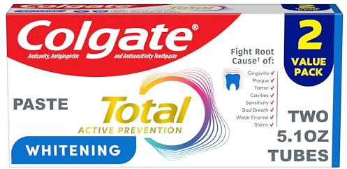 Colgate Total Whitening Toothpaste Paste, 5.1 oz, 2 Pack, Fluoride Antibacterial for Plaque, Gingivitis, Sensitivity, Stain Removal, Clinically Proven, Mint