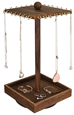 Ikee Design Wooden Rotating Jewelry Organizer, Jewelry Display Tower for Necklace & Bracelet, Rotating Necklace Holder Organizer, Jewelry Stand for Shows, Brown Color, 7.88 W x 7.88 D x 16 H in