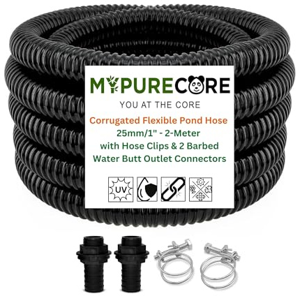 Premium Corrugated Flexible Hose Pond Pipe Set 25mm / 1– 2-Meter with 2 Double-Wired Hose Clips and 2 Heavy Duty Plastic Barbed Water Butt Tank Outlet Connectors Pipe - Black. Set by MYPURECORE